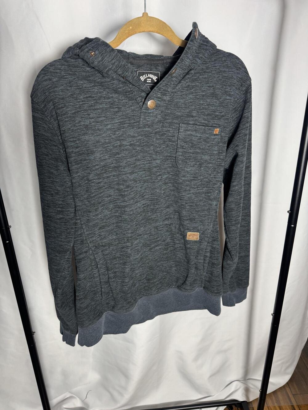 Billabong Hoodie Mens Medium Gray Henley Pullover Fleece Hooded Pocket Logo
